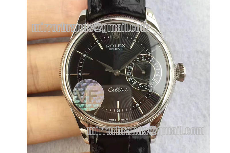 Rolex Cellini Date SS Black Dial Sticks Markers on Black Leather Strap A3165