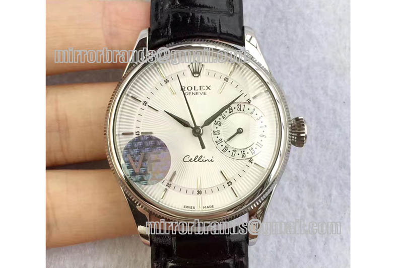 Rolex Cellini Date SS White Dial Sticks Markers on Black Leather Strap A3165