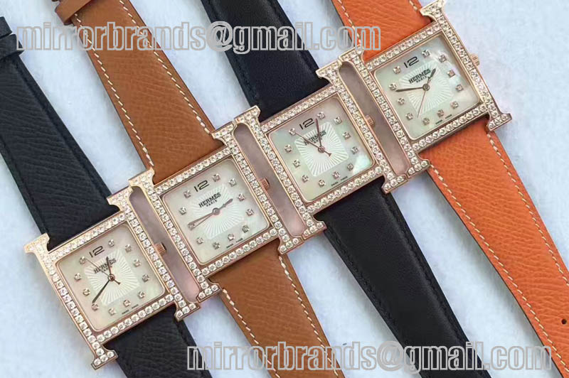 Hermes H Hour Rose Gold/Leather/Diamond MOP Dial Swiss Quartz