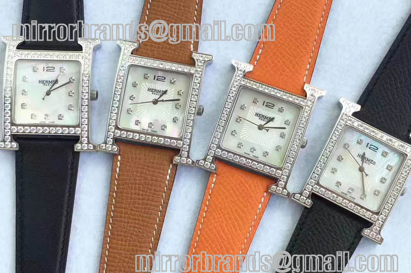 Hermes H Hour SS/Leather/Diamond White MOP Swiss Quartz