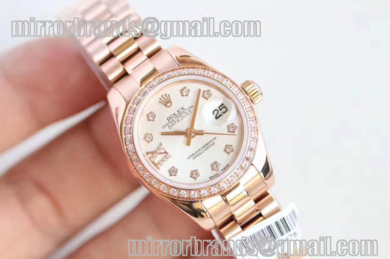 Ladies Rolex DateJust RG White/Black/Brown Dial Diamond Bezel ETA2671