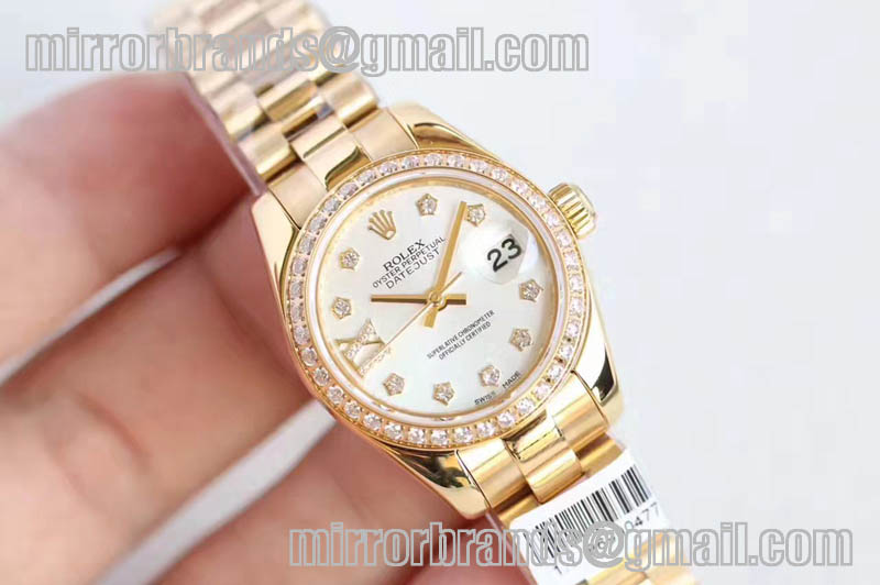 Ladies Rolex DateJust YG White/Black/Gold Dial Diamond Bezel ETA2671