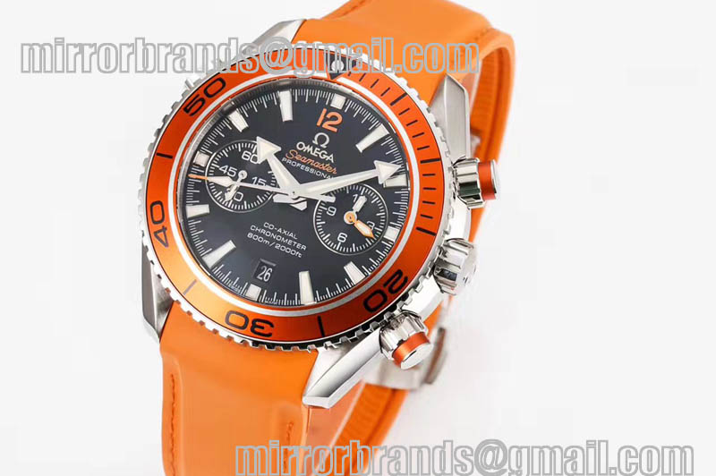 Omega Planet Ocean Master Chronometer Chrono SS Black Dial Orange Strap A9300