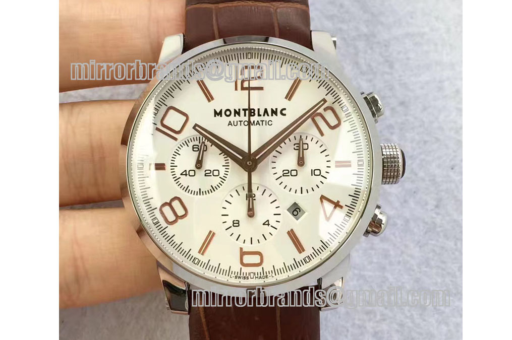Montblanc Timewalker Chrono SS White with 3 sub-dials RG Marker Leather Strap