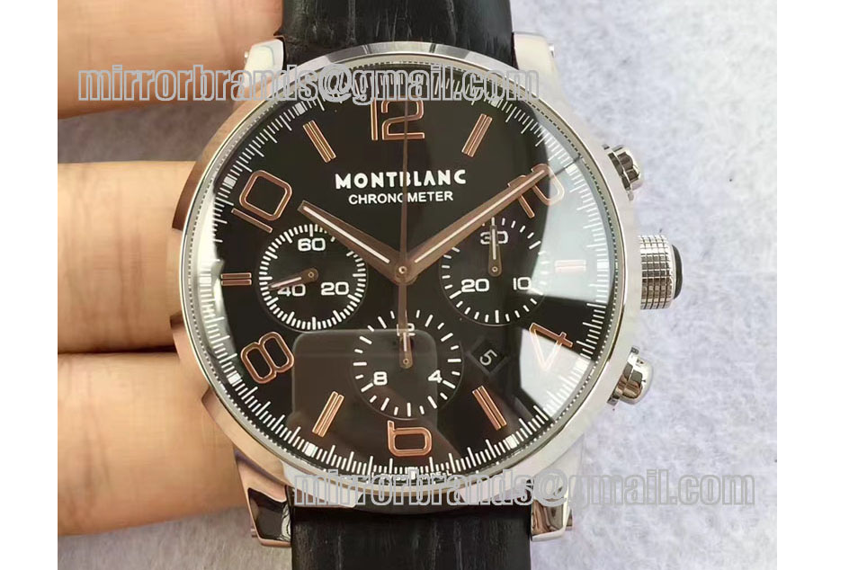 Montblanc Timewalker Chrono SS Black with 3 sub-dials RG Marker Leather Strap