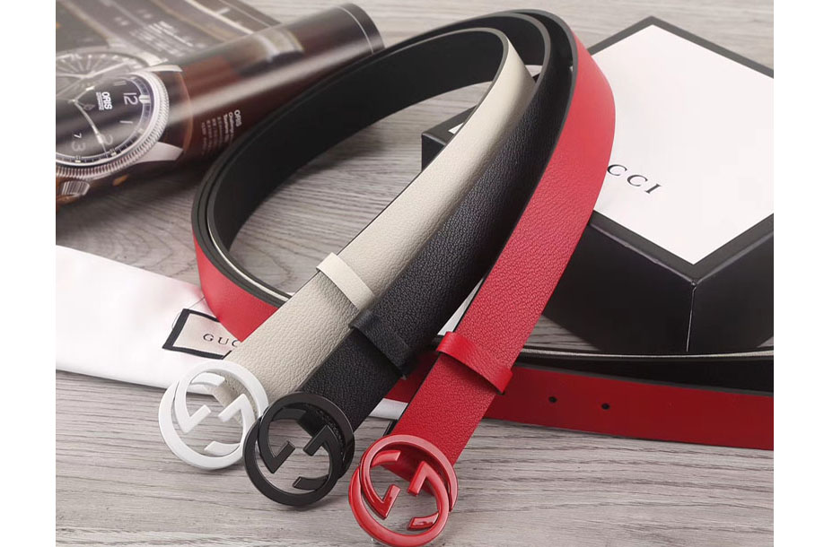 Gucci 35mm Leather belt with interlocking G 368186 White/Black/Red