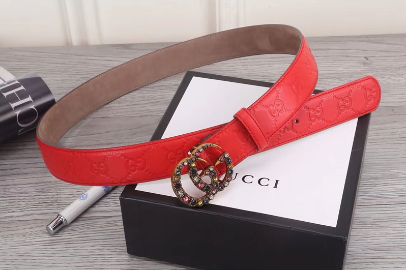 Gucci 35mm/40mm Signature Leather belt with MultiColor Double G Red