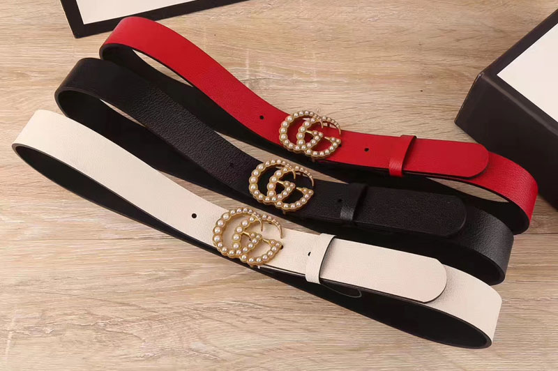 Gucci 35mm Signature Leather belt with pearl Double G 453260 White/Red ...