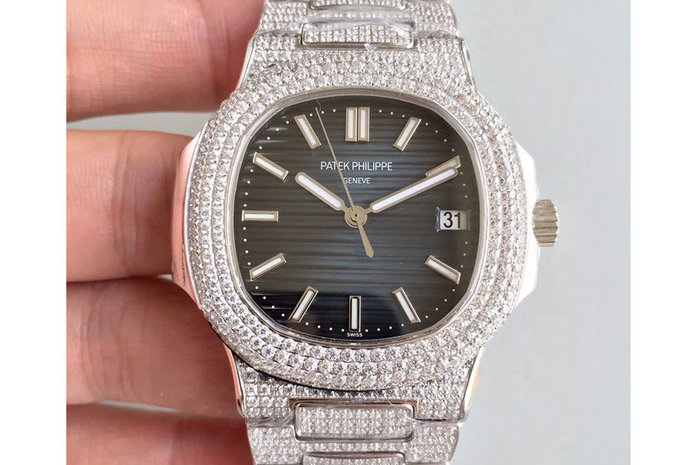Patek Philippe Nautilus Jumbo 5711 MKF Blue Textured Dial Full Diamond Bezel and Strap