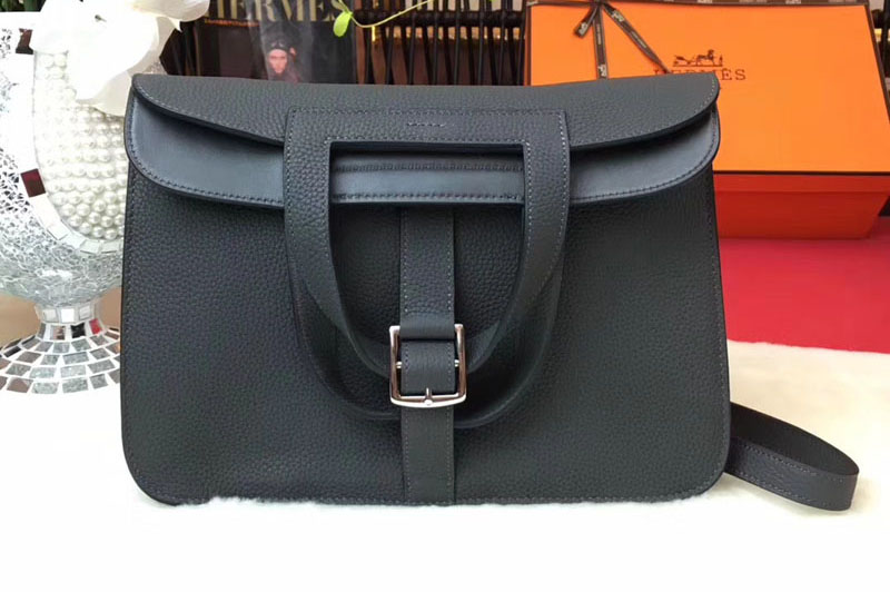 Hermes Halzan 31 Original Oxhide Leather Bags Iron Grey
