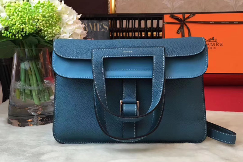 Hermes Halzan 31 Original Oxhide Leather Bags Blue