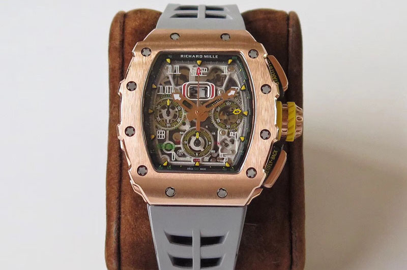 Richard Mille RM011-03 RG Chronograph RG Case KVF 1:1 Best Edition Crystal Skeleton Dial on Gray Rubber Strap A7750