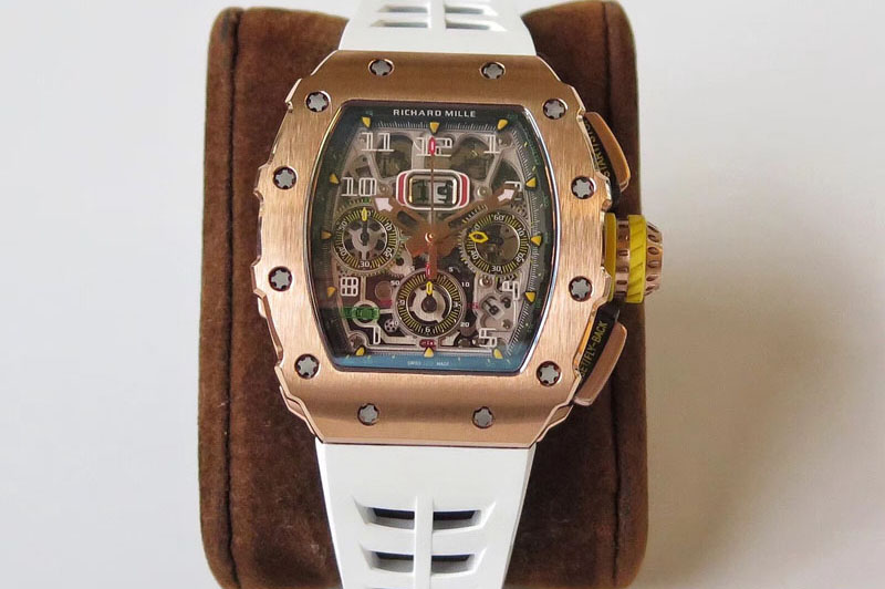 Richard Mille RM011 RG Chronograph RG Case KVF 1:1 Best Edition Crystal Skeleton Dial on White Rubber Strap A7750