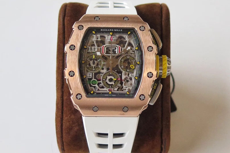 Richard Mille RM011 RG Chronograph SS Case KVF 1:1 Best Edition Crystal Skeleton Dial on White Rubber Strap A7750