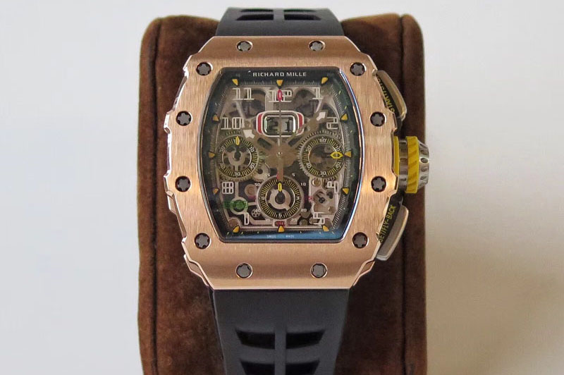 Richard Mille RM011 RG Chronograph SS Case KVF 1:1 Best Edition Crystal Skeleton Dial on Black Rubber Strap A7750
