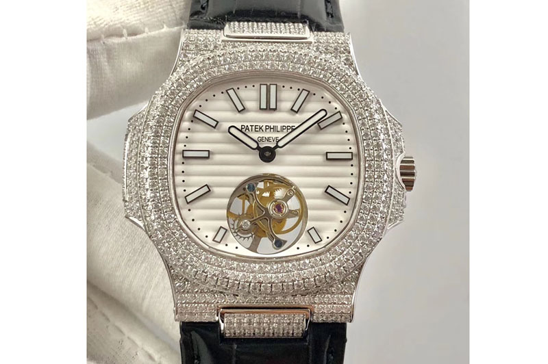 Patek Philippe Nautilus Jumbo 5711 Tourbillion SS Full Paved Diamonds White Dial