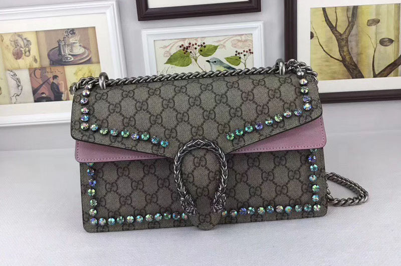 Gucci 400249 Dionysus Canvas Shoulder Bag with Crystals Pink
