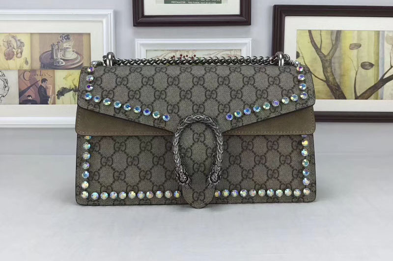 Gucci 400249 Dionysus GG Supreme Shoulder Bag Taupe with Crystals