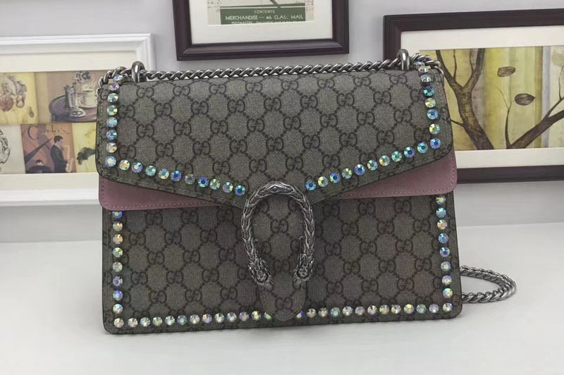 Gucci 403348 Dionysus GG Supreme Shoulder Bag With Crystals Pink