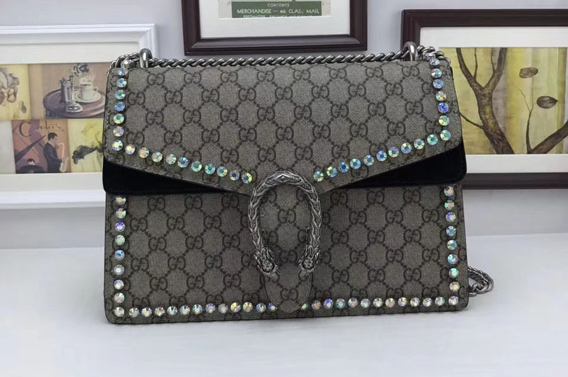 Gucci 403348 Dionysus GG Supreme Shoulder Bag With Crystals Black