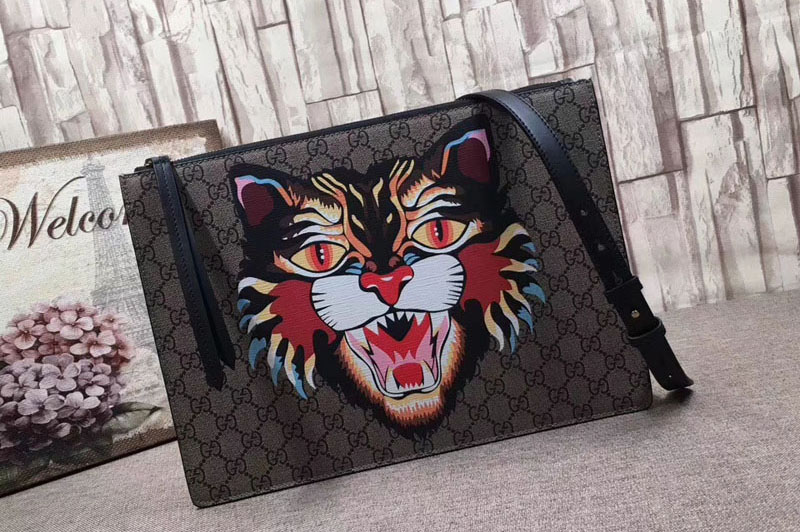 Gucci 429016 Angry Cat Print Leather Messenger Bags