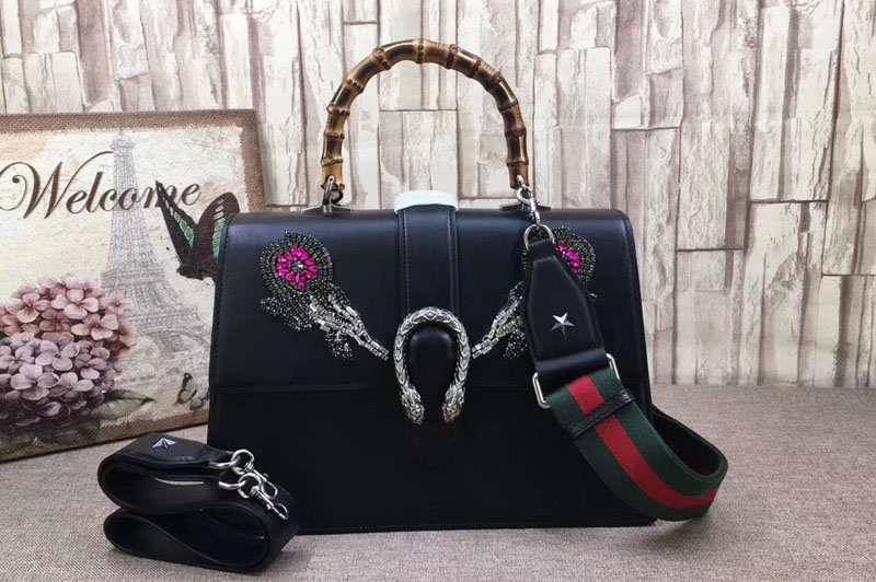 Gucci 421999 Dionysus Embroidered Leather Top Handle Bag Black