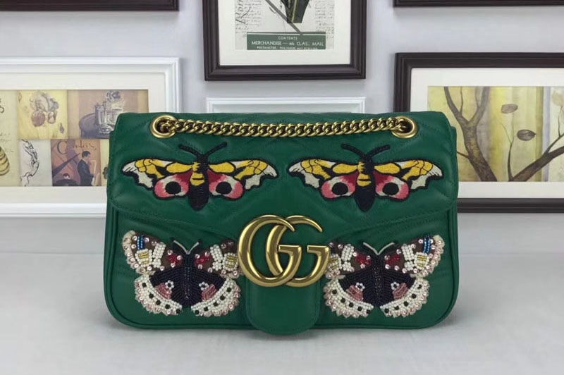 Gucci 443496 GG Marmont Embroidered Matelasse Shoulder Bag Green