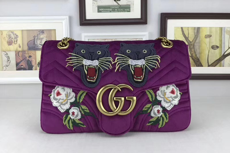 Gucci 443496 GG Marmont Embroidered Velvet Bag Purple