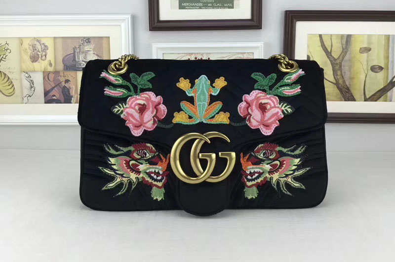 Gucci 443496 GG Marmont Embroidered Velvet Bag Black