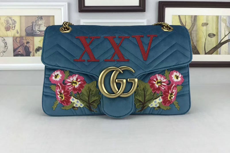 Gucci 443496 GG Marmont Embroidered Velvet Bags Light Blue