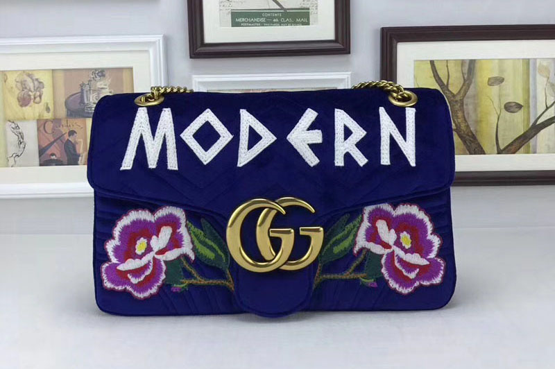 Gucci 443496 GG Marmont Embroidered Velvet Bags Blue