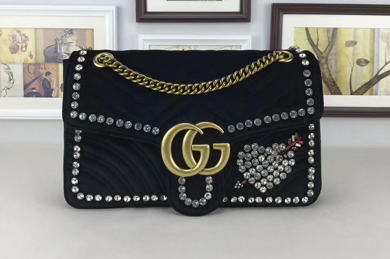 Gucci 443496 GG Marmont Velvet With Heart Shoulder Bag Black