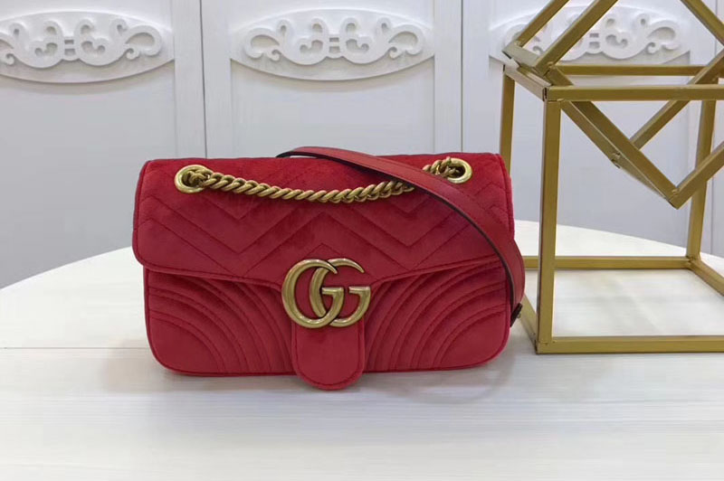 Gucci 443497 GG Marmont Chevron Velvet Shoulder Bag Red