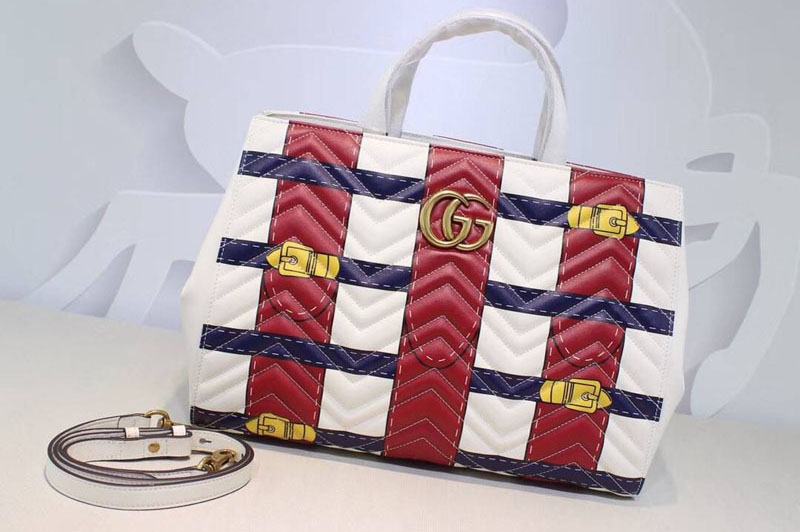 Gucci 443505 GG Marmont medium matelassé top handle bags Red/White