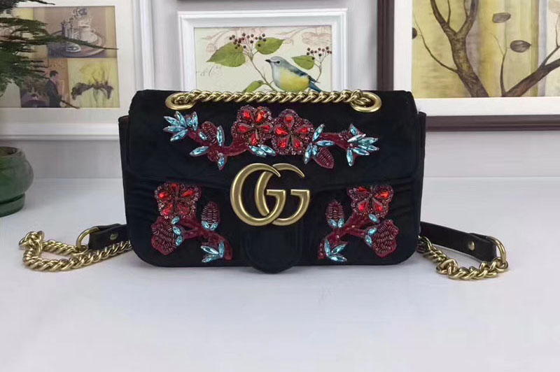 Gucci 446744 GG Marmont Embroidered Velvet Mini Bags Black
