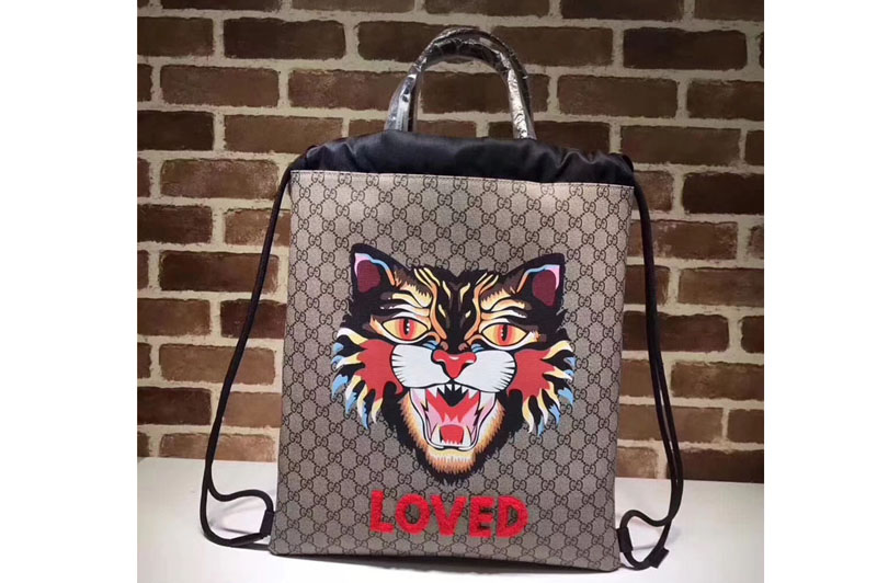 Gucci 473872 Angry Cat print soft GG Supreme drawstring backpack
