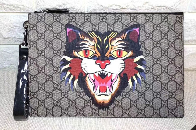 Gucci 473904 Angry Cat Print GG Supreme Pouch
