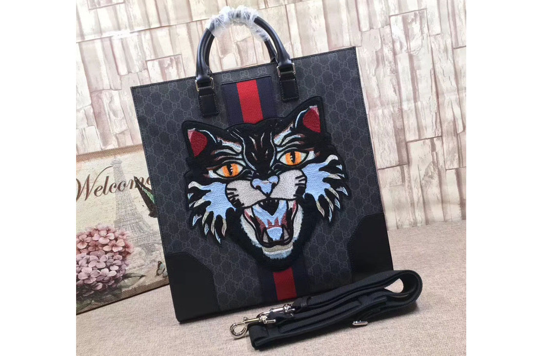 Gucci Angry Cat 478326 GG Supreme Tote with Embroidered Black