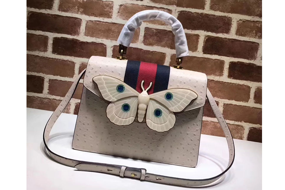 Gucci 488691 Ostrich Leather Top Handle Bag with Moth White