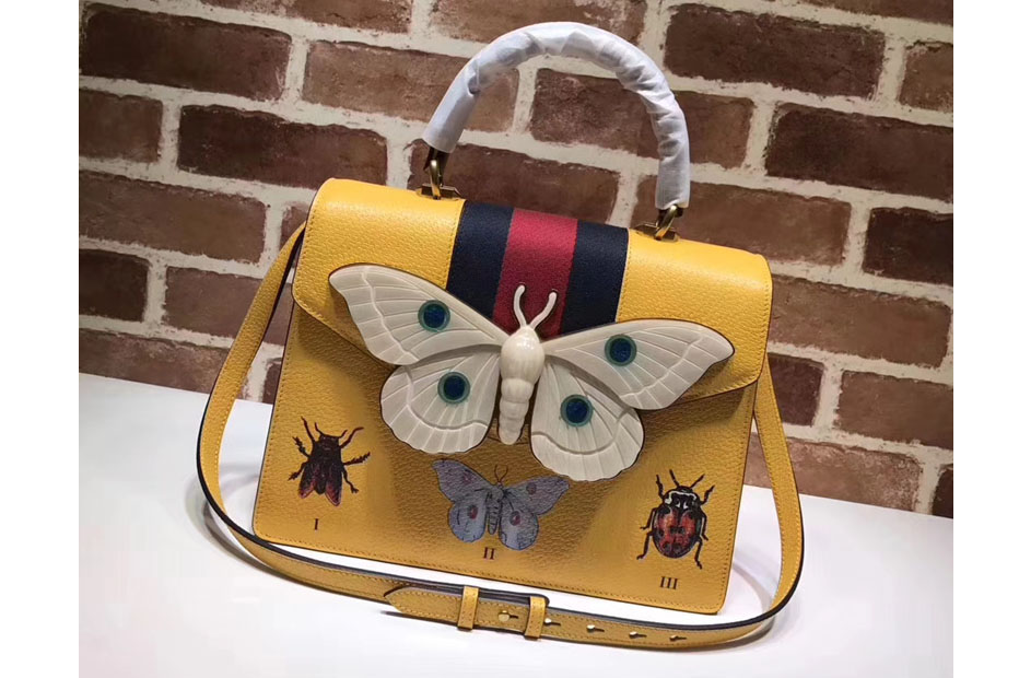 Gucci 488691 Leather Top Handle Bag with Moth Yellow