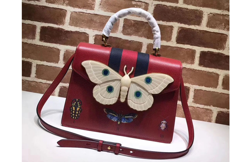 Gucci 488691 Leather Top Handle Bag with Moth Red