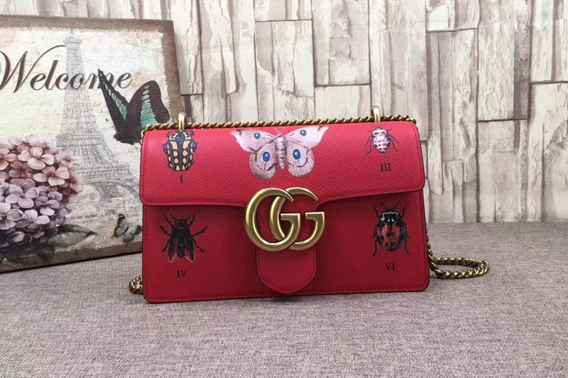 Gucci 488716 GG Marmont Original Leather Shoulder Bag Red