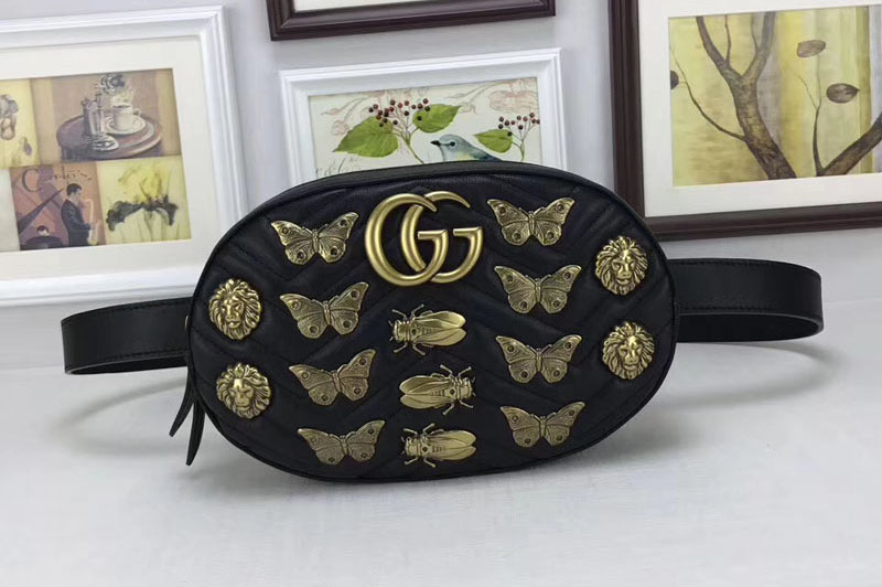 Gucci 491294 GG Marmont animal studs leather belt bags Black