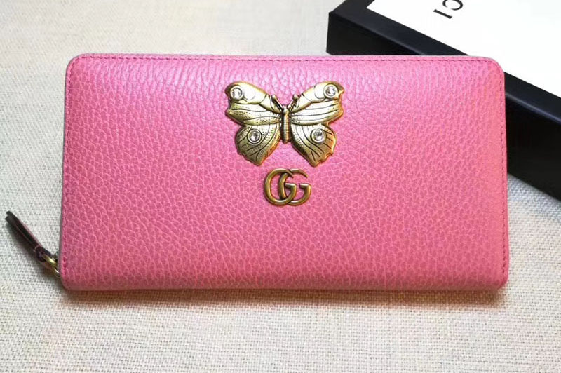 Gucci 499363 Leather zip around wallet with butterfly Pink