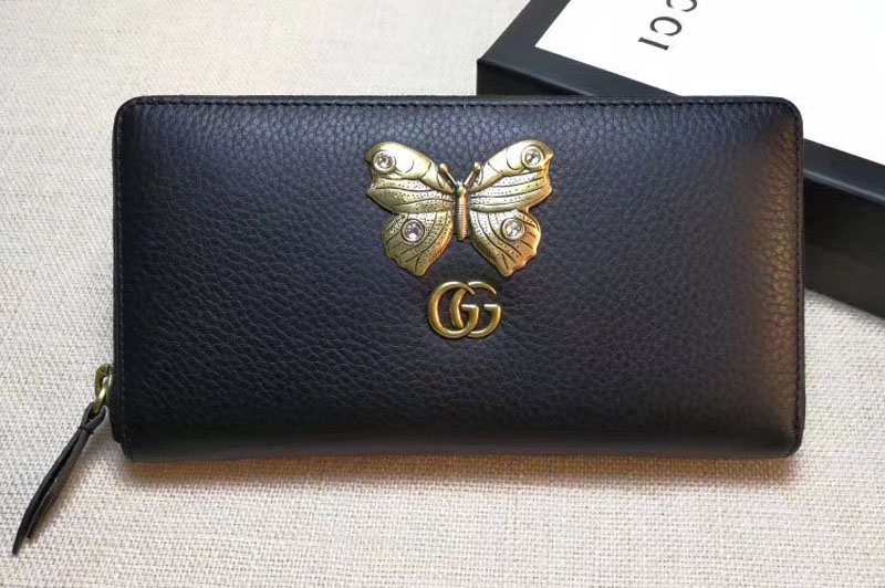 Gucci 499363 Leather zip around wallet with butterfly Black