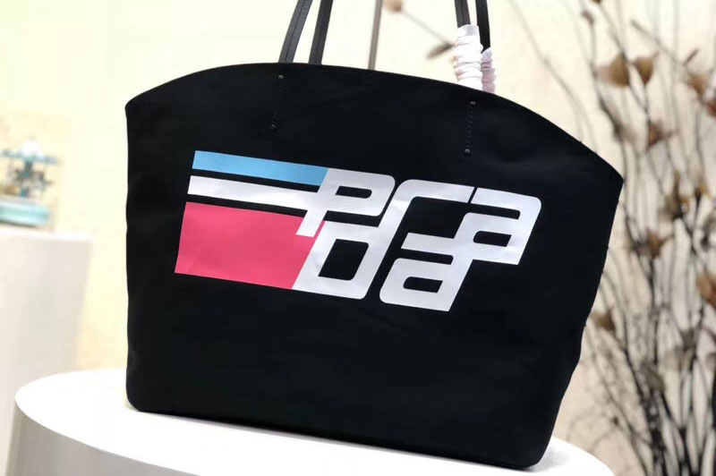 Prada 1BG218 Prada Logo Printed Canvas Tote Bags Black