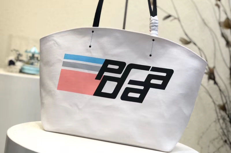 Prada 1BG218 Prada Logo Printed Canvas Tote Bags White