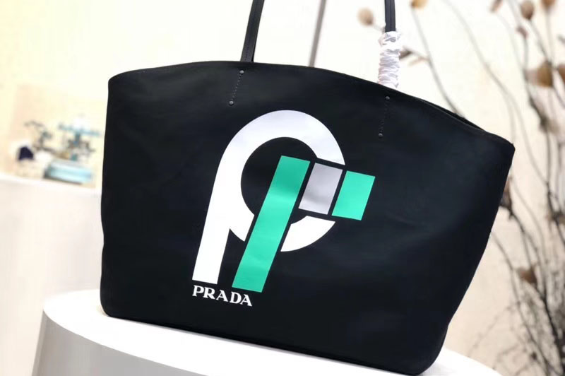 Prada 1BG218 Flag Printed Canvas Tote Bags Black