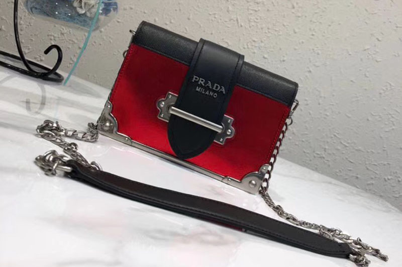 Prada 1BH018 Calf Leather Clutch Bags Black/Red
