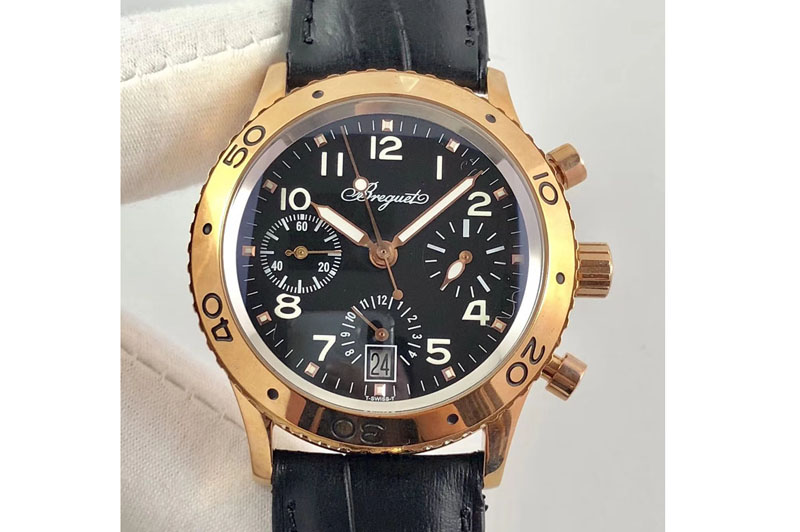 Breguet Type XX Chrono RG/LE Black Dial Black Leather Strap A7750